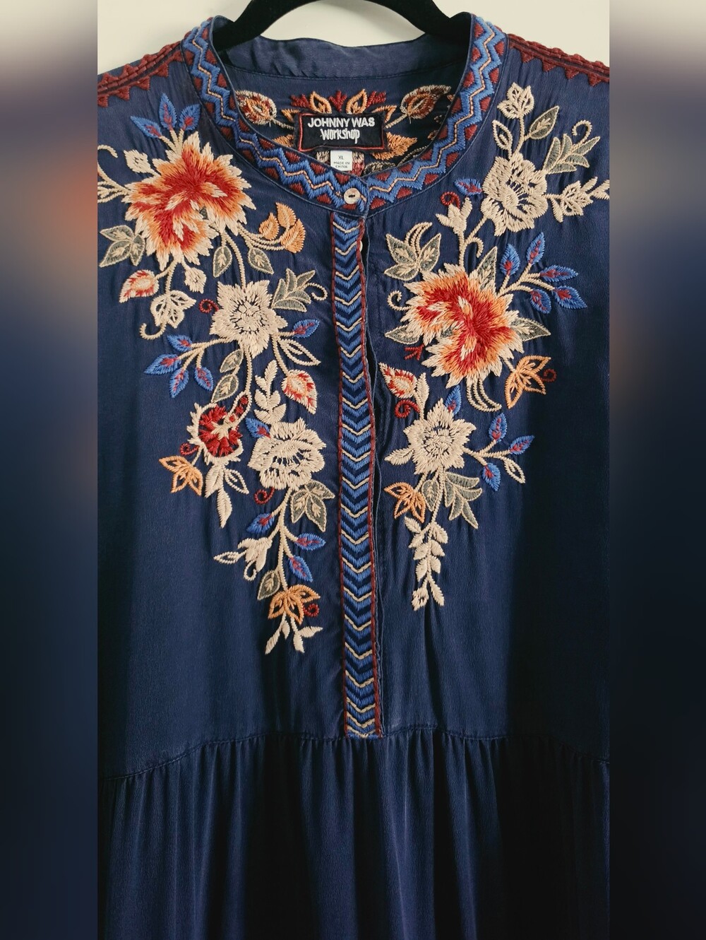 Johnny Was Navy Blue Silk Embroidered Floral Long-Sleeve Dress XL Eyelet $395
